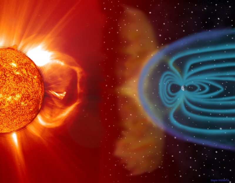 Illustration d’une éjection de masse coronale qui atteint le champ magnétique terrestre (non-déformé ici) / Crédits : ESA / NASA - SOHO / LASCO / EIT