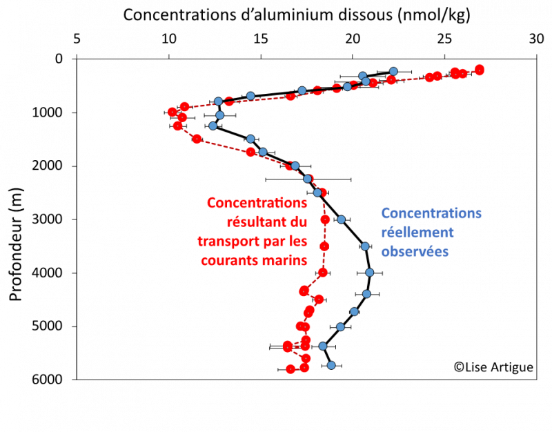 Figure 2 - Les similitudes entre les concentrations d’aluminium observées et celles résultant du transport par les courants marins montrent la prédominance de ces derniers sur le cycle de l’aluminium.