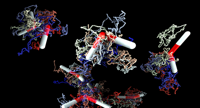 Modélisations des trajectoires d'électrons dans un agrégat d'eau, réalisées avec le programme QMC développé au Laboratoire de chimie et physique quantiques à Toulouse.